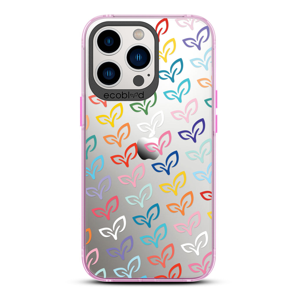 Laguna Collection - Pink iPhone 13 Pro Case With Colorful V-Leaf Monogram Print On A Clear Back - 6FT Drop Protection