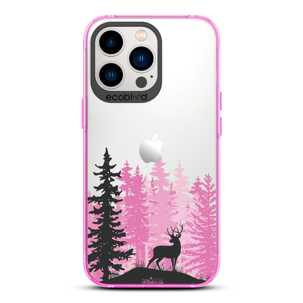 Winter Collection - Pink Compostable iPhone 12 & 13 Pro Max Case - Wild Stag Standing On Boulder In The Woods On Clear Back