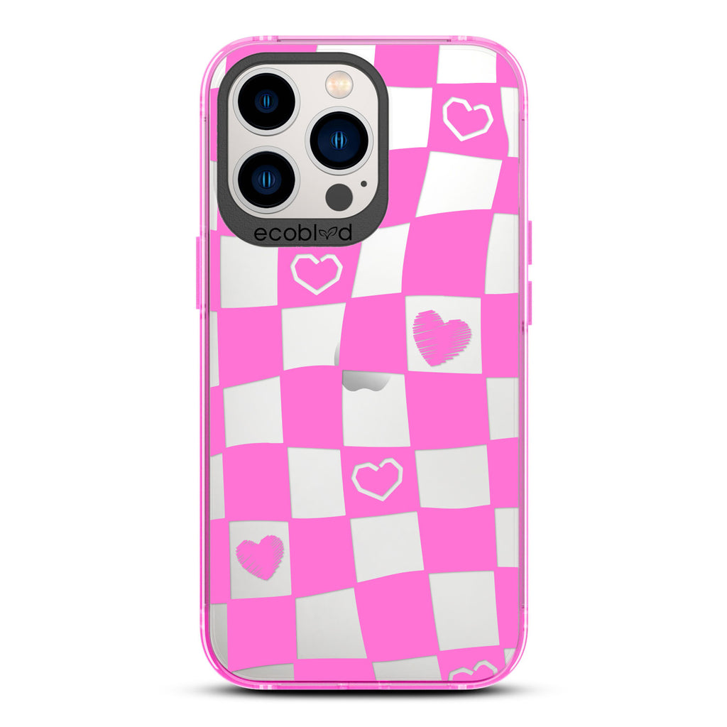 Love Collection - Pink Compostable iPhone 13 Pro Case - Wavy Checkered Print & Scribbled Hearts On A Clear Back