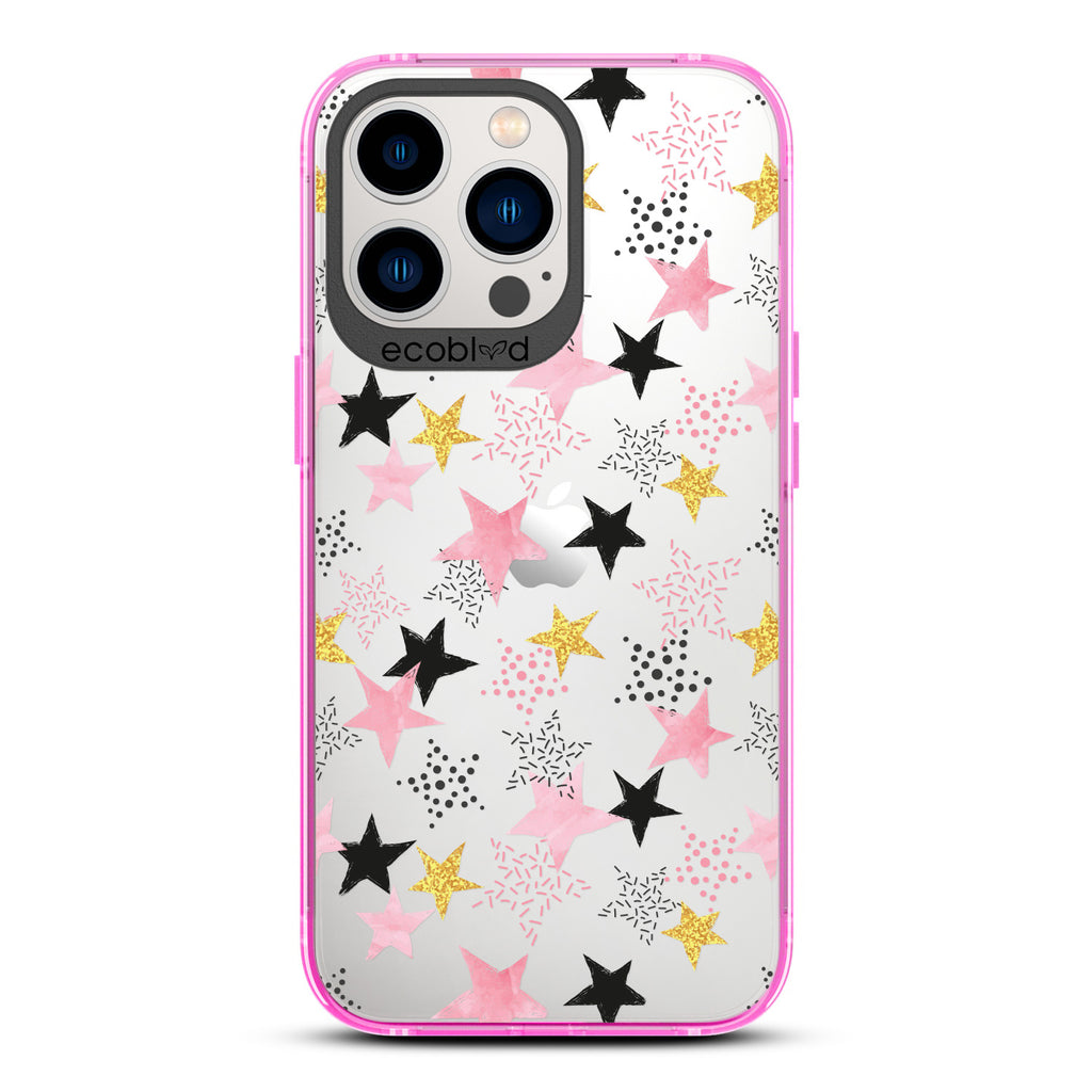 Winter Collection - Pink Laguna iPhone 13 Pro Case With Pink, Black & Gold Stars In Solid & Polka Dot Patterns