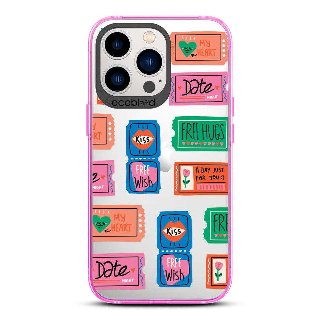 Love Collection - Pink Compostable iPhone 13 Pro Case - Coupons For Date Night, A Free Kiss, & More On A Clear Back
