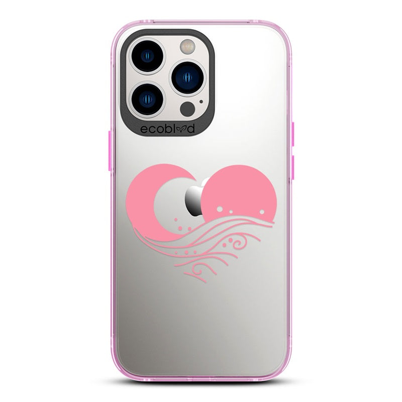 Laguna Collection - Pink Compostable iPhone 12 & 13 Pro Max Case With Sun, Moon & A Wave Forming A Heart On A Clear Back