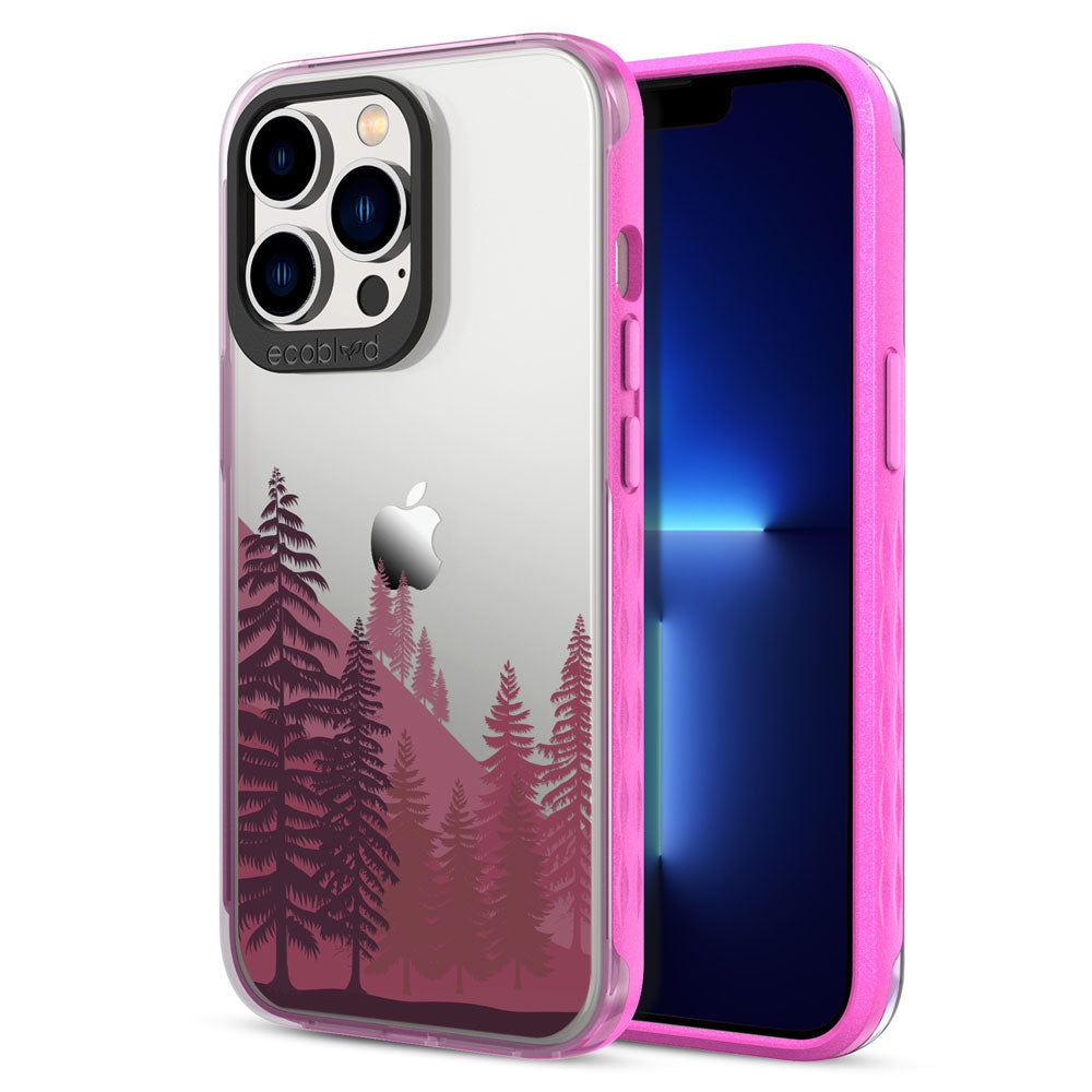 Back View Of Pink Compostable iPhone 12 & 13 Pro Max Laguna Case With Forest Design On A Clear Back & Front View Of Screen