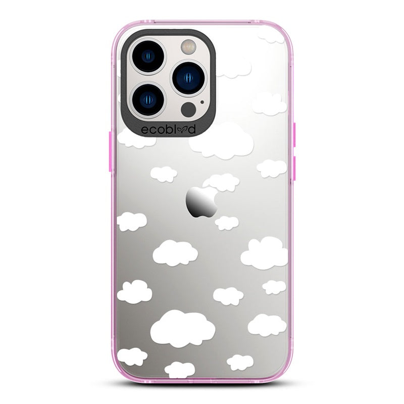 Laguna Collection - Pink Eco-Friendly iPhone 13 Pro Max / 12 Pro Max Case Fluffy White Cartoon Clouds On A Clear Back