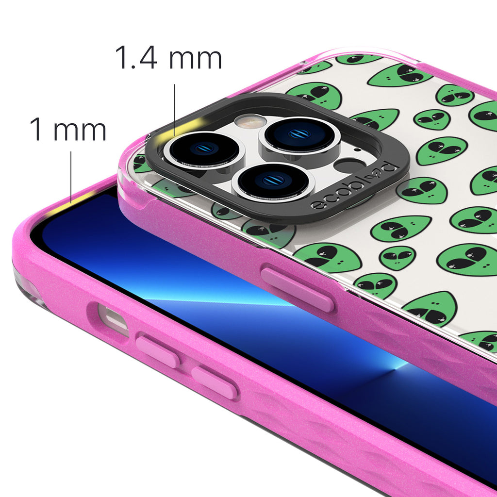 View Of 1.4mm Raised Camera Ring & 1mm Raised Edges On Pink iPhone 13 Pro Max / 12 Pro Laguna Case With The Aliens Design  