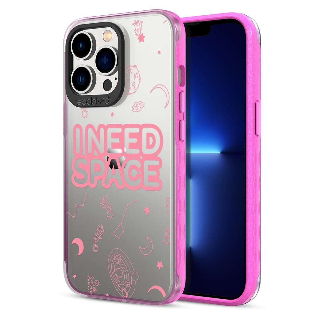 Back View Of The Pink Compostable iPhone 12 & 13 Pro Max Laguna Case With I Need Space Design & Front View Of The Screen