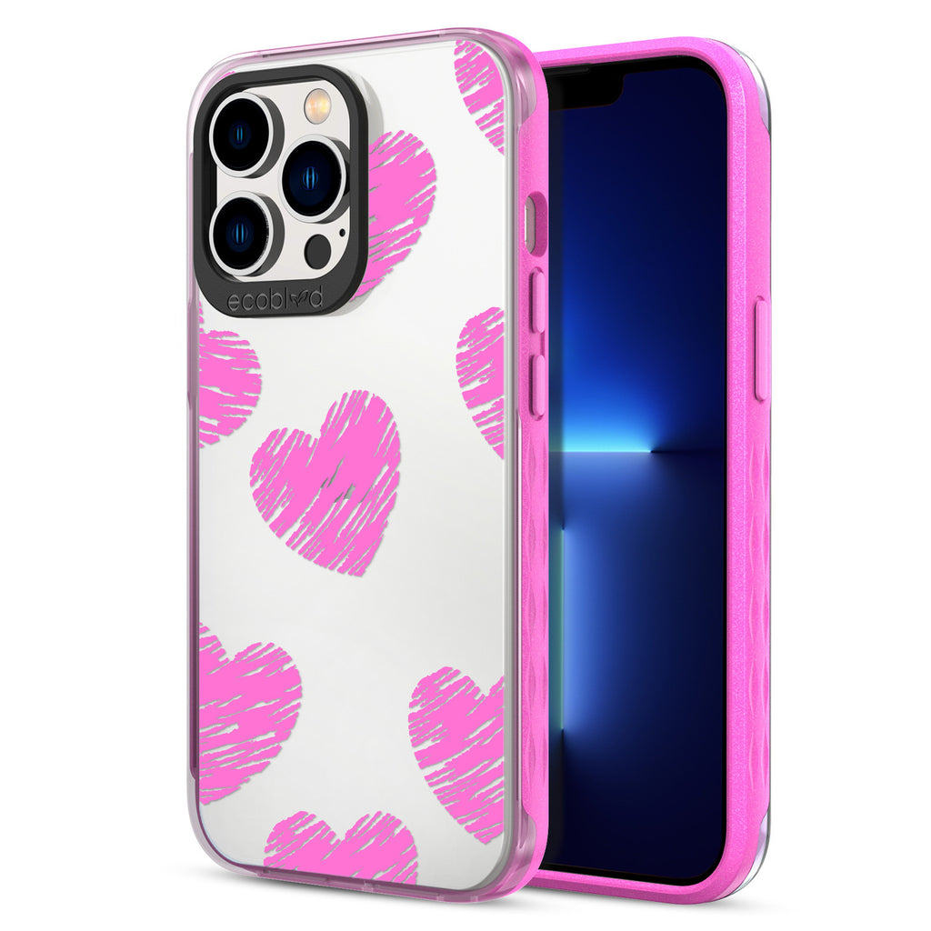 Back View Of Pink Eco-Friendly iPhone 13 Pro Clear Case With The Drawn To You Design & Front View Of Screen
