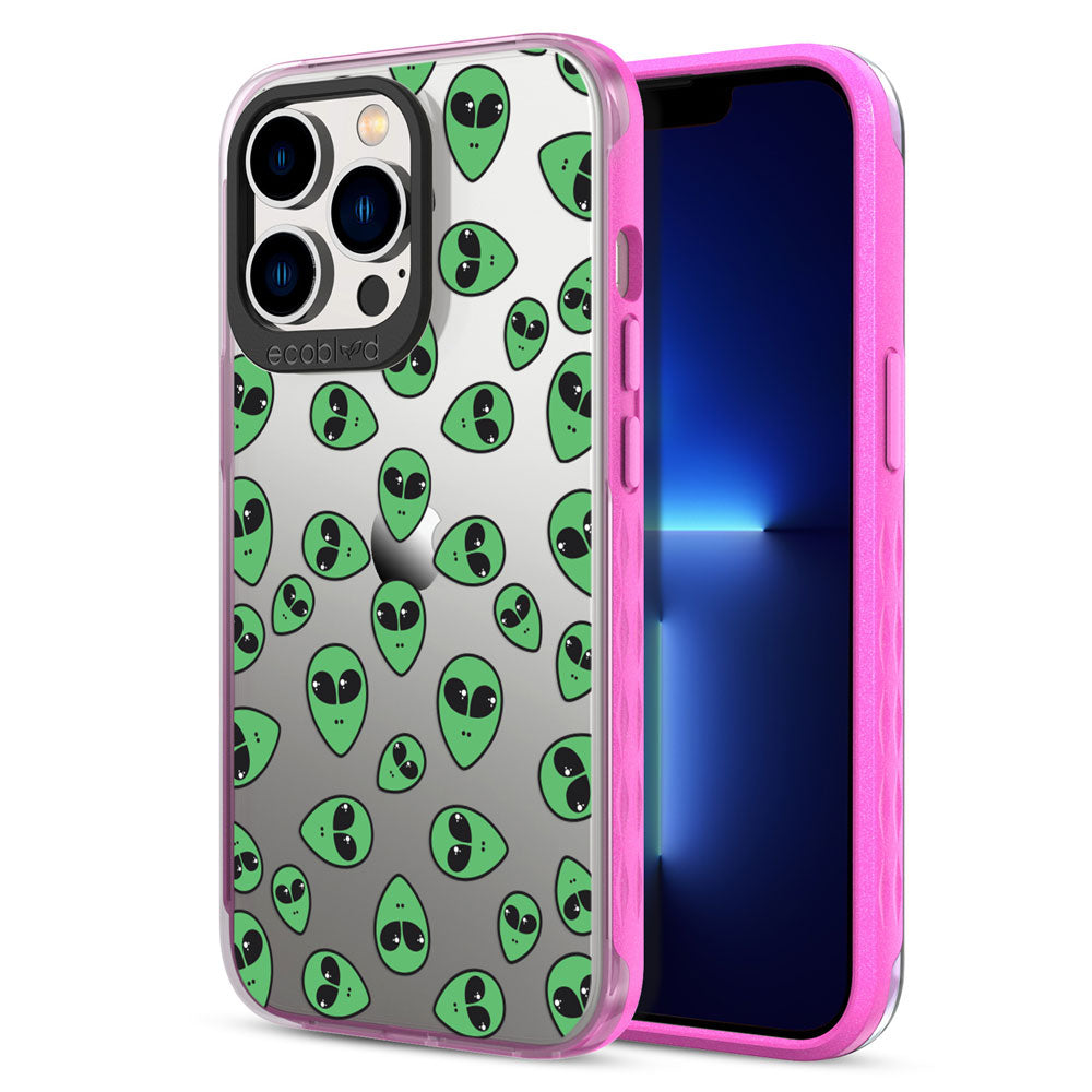 Back View Of Pink iPhone 13 Pro Max / 12 Pro Max Laguna Case With Yin Yang Design On Clear Back And Frontal View Of Screen