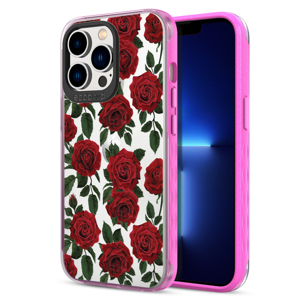 Back View Of Pink Eco-Friendly iPhone 12 & 13 Pro Max Clear Case With The Smell The Roses Design & Front View Of Screen