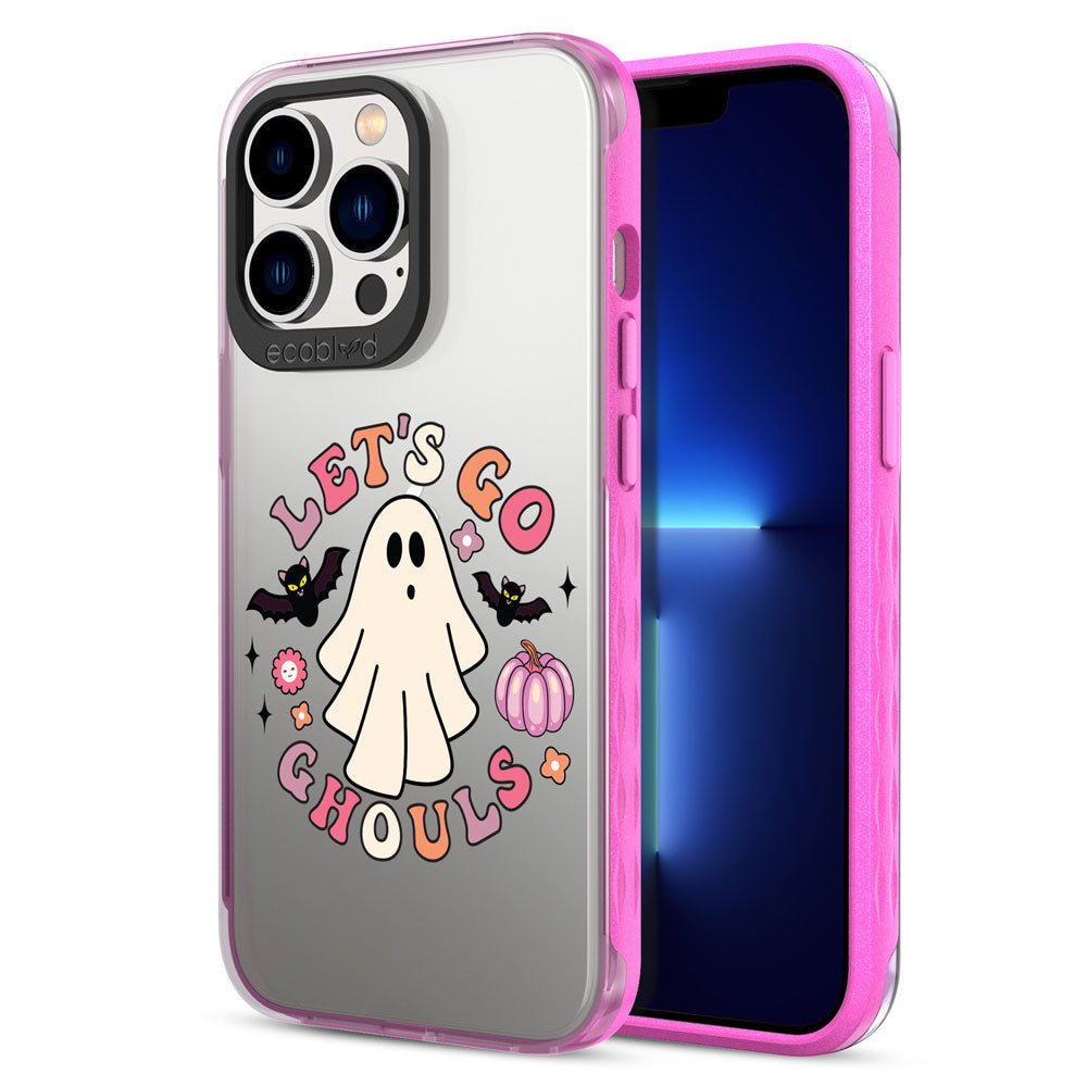 Back View Of Pink Laguna Halloween iPhone 13 Pro Max / as Pro Max Case With Let's Go Ghouls Design & Front View Of Screen