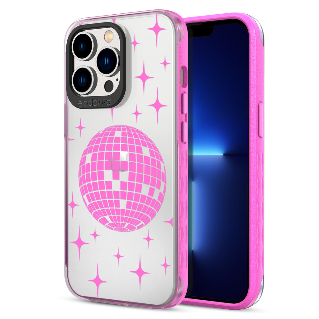 Back View Of Pink Compostable iPhone 13 Pro Clear Case With The Disco With The Flow Design & Front View Of Screen