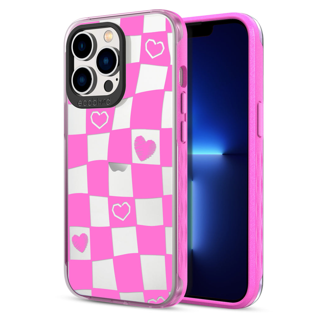 Back View Of Pink Eco-Friendly iPhone 12/13 Pro Max Clear Case With Reality Check Design & Front View Of Screen