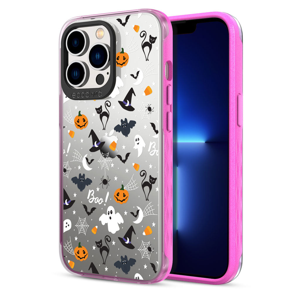 Back View Of Pink Laguna Halloween iPhone 13 Pro Max Case With The Trick R' Treat Ya Self Design & Front View Of The Screen