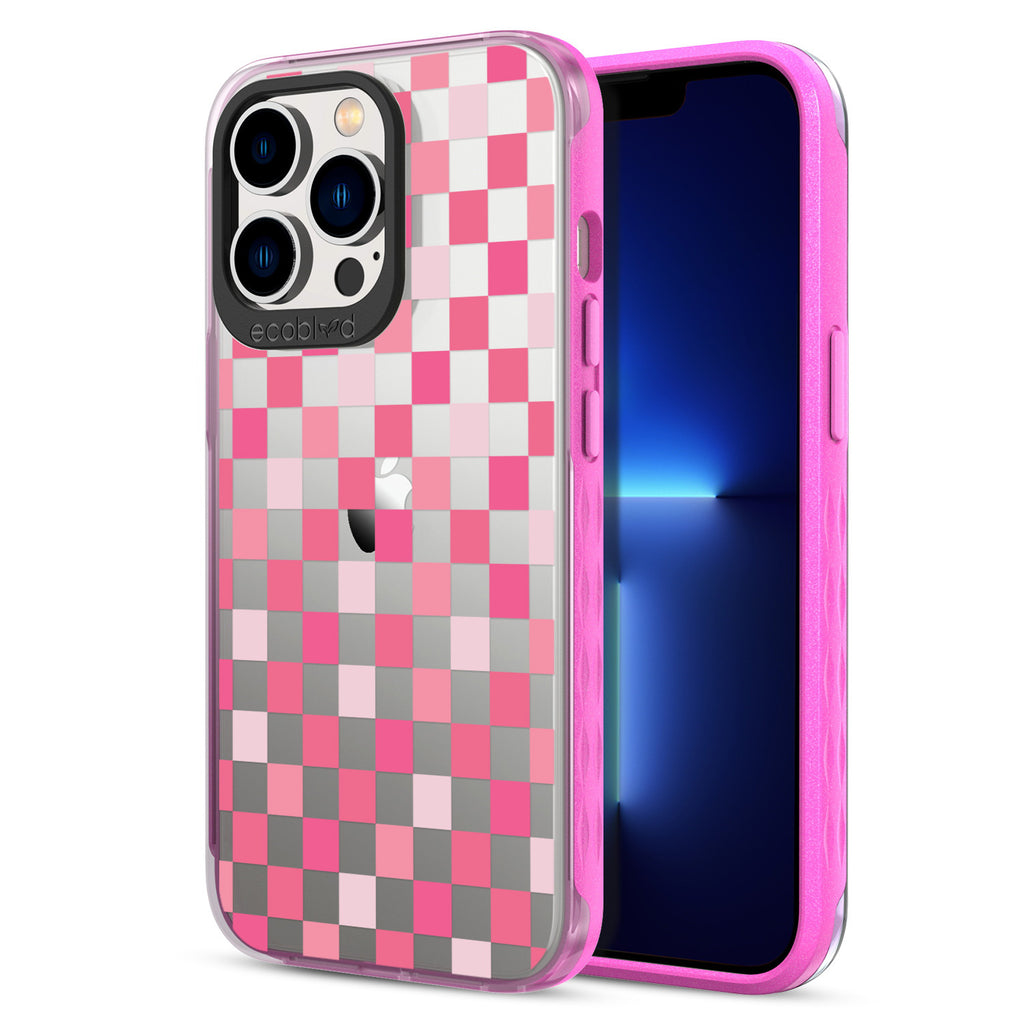 Back View Of The Pink iPhone 13 Pro Laguna Case With The Checkered Print Design On A Clear Back And Frontal View Of The Screen