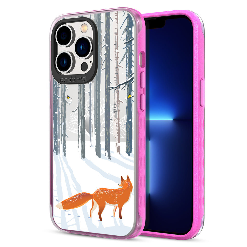 Back View Of Pink Eco-Friendly iPhone 12 & 13 Pro Max Clear Case With Fox Trot In The Snow Design & Front View Of Screen