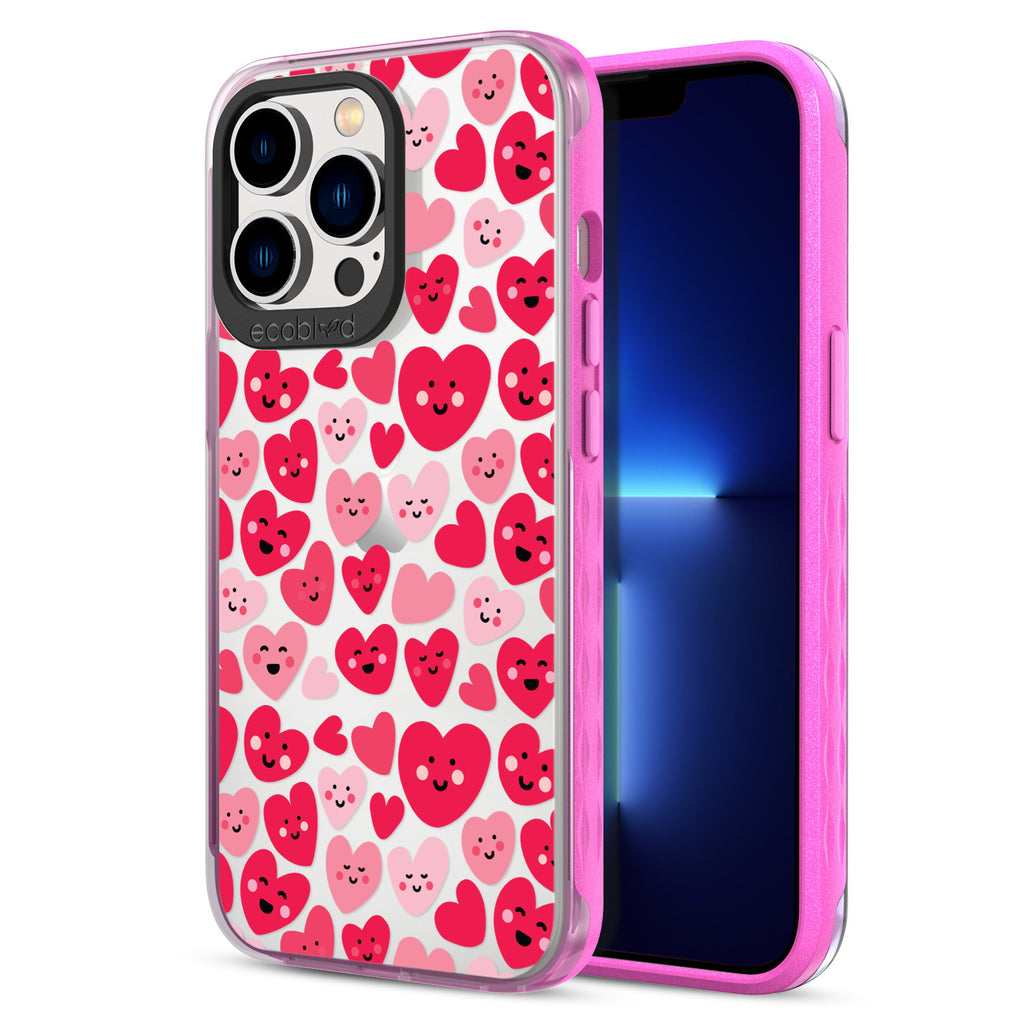 Back View Of Pink Eco-Friendly iPhone 12 & 13 Pro Max Clear Case With The Happy Hearts Design & Front View Of Screen