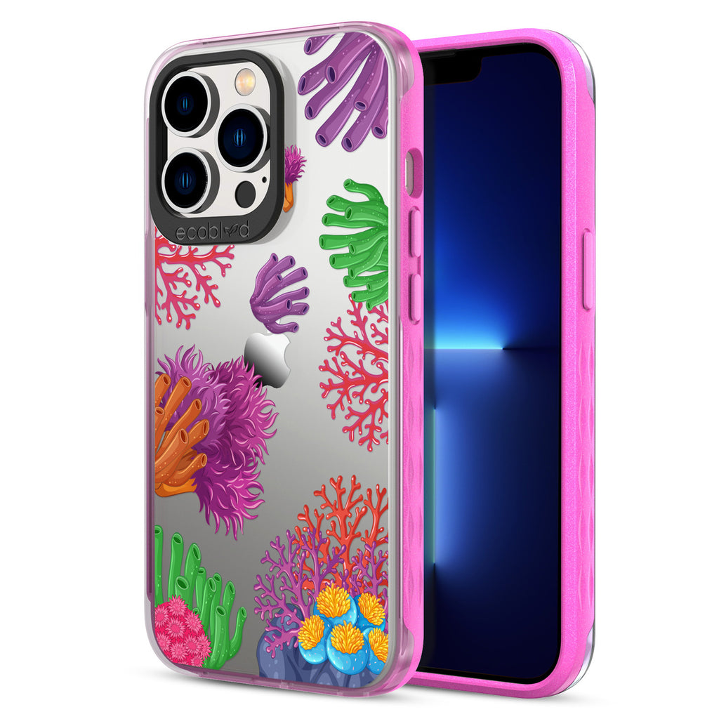 Back View Of Pink Compostable iPhone 13 Pro Laguna Case With The Coral Reef Design & Front View Of The Screen