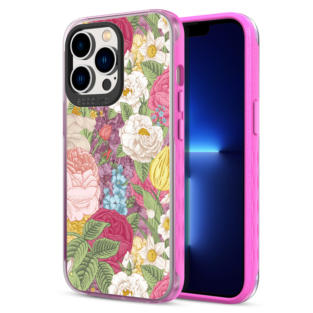 Back View Of Eco-Friendly Pink Phone 13 Pro Timeless Laguna Case With The In Bloom Design & Front View Of The Screen