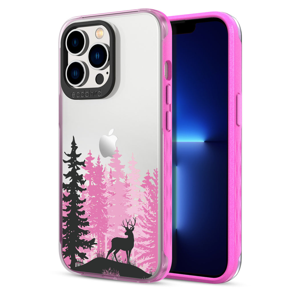 Back View Of Pink Eco-Friendly iPhone 13 Pro Clear Case With The Buck Stops Here Design & Front View Of Screen