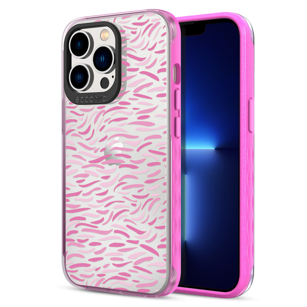 Back View Of Eco-Friendly Pink iPhone 13 Pro Timeless Laguna Case With The Bush Stroke Design & Front View Of The Screen