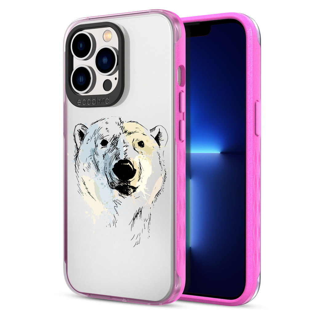 Back View Of Pink Eco-Friendly iPhone 13 Pro Clear Case With The Polar Bear Design & Front View Of Screen