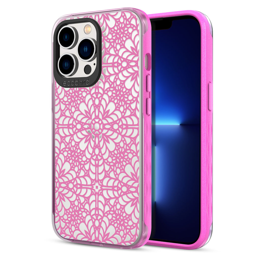 Back View Of Pink Eco-Friendly iPhone 13 Pro Clear Case With A Lil’ Dainty Design & Front View Of Screen