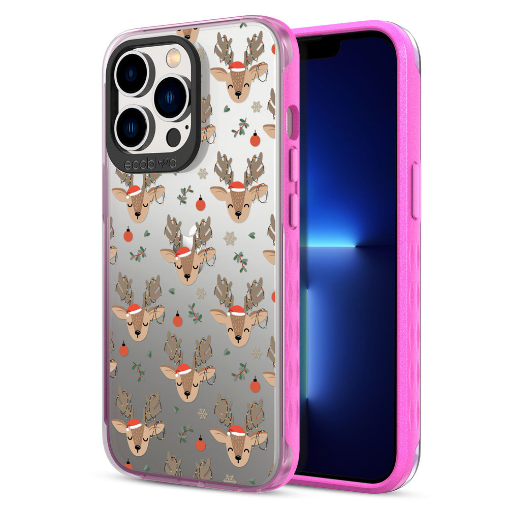 Back View Of Pink Compostable iPhone 13 Pro Winter Laguna Case With The Oh Deer Design & Front View Of The Screen