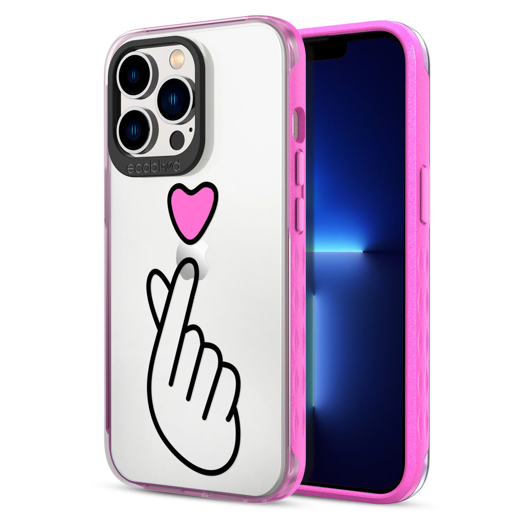 Back View Of Pink Eco-Friendly iPhone 12 & 13 Pro Max Clear Case With The Finger Heart Design & Front View Of Screen