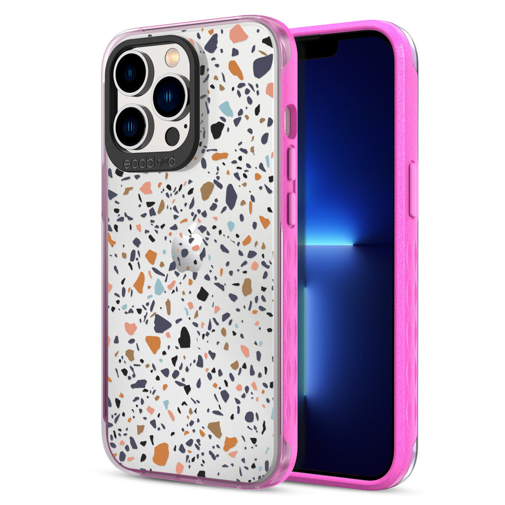 Back View Of Eco-Friendly Pink iPhone 13 Pro Timeless Laguna Case With Terrazzo Design & Front View Of Screen