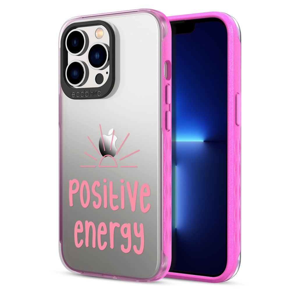 Back View Of Pink iPhone 13 Pro Laguna Case With The Positive Energy Design On A Clear Back And Frontal View Of The Screen