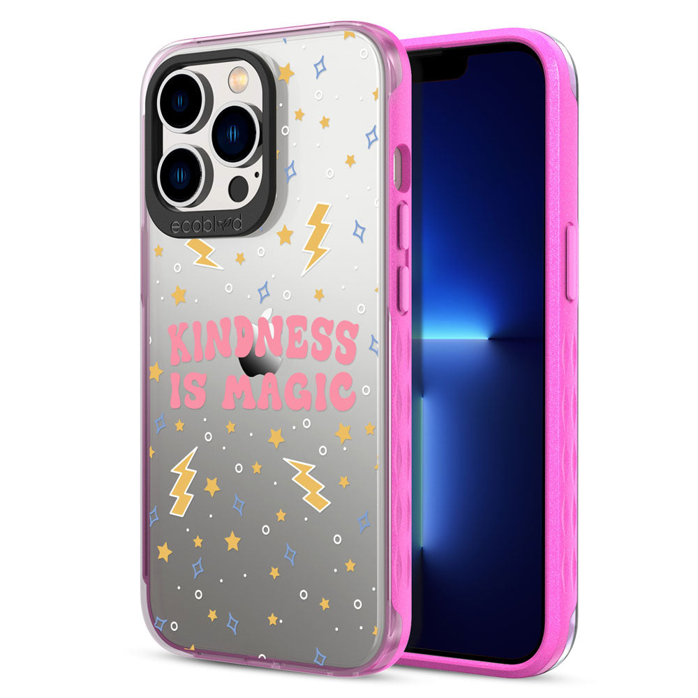 Back View Of Pink Eco-Friendly iPhone 13 Pro Laguna Case With Kindness Is Magic Design & Front View Of Screen