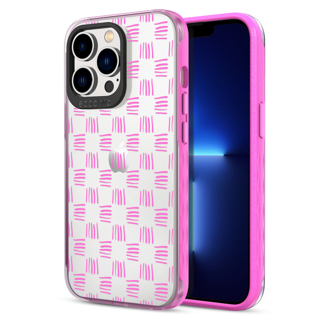 Back View Of Pink Eco-Friendly iPhone 12/13 Pro Max Clear Case With Weave It To Me Design & Front View Of Screen