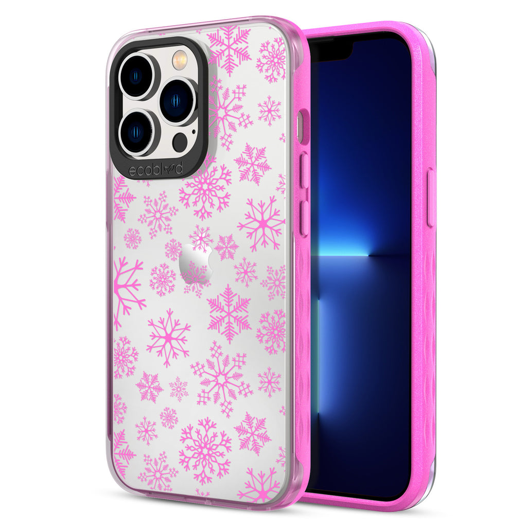 Back View Of Eco-Friendly Pink Phone 13 Pro Winter Laguna Case With The Let It Snow Design & Front View Of The Screen