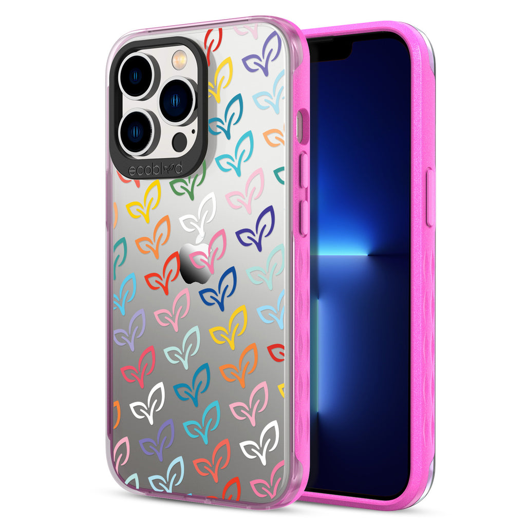 Back View Of Pink iPhone 13 Pro Laguna Case With The V-Leaf Monogram Print On A Clear Back And Frontal View Of The Screen