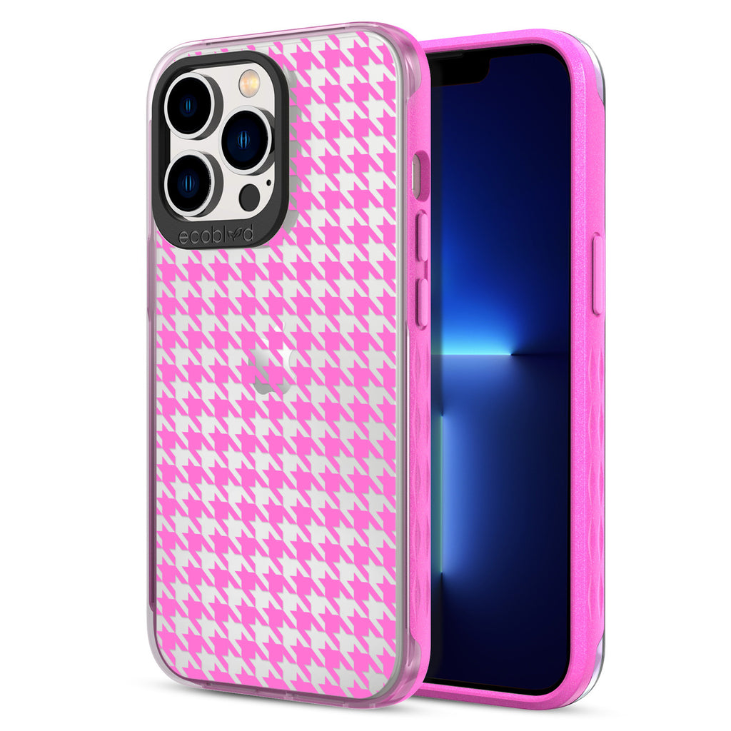 Back View Of Eco-Friendly Pink iPhone 12 & 13 Pro Max Timeless Laguna Case With Houndstooth Design & Front View Of Screen