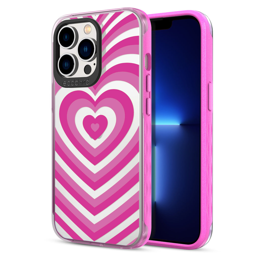 Back View Of Pink Eco-Friendly iPhone 13 Pro Clear Case With The Tunnel Of Love Design & Front View Of Screen