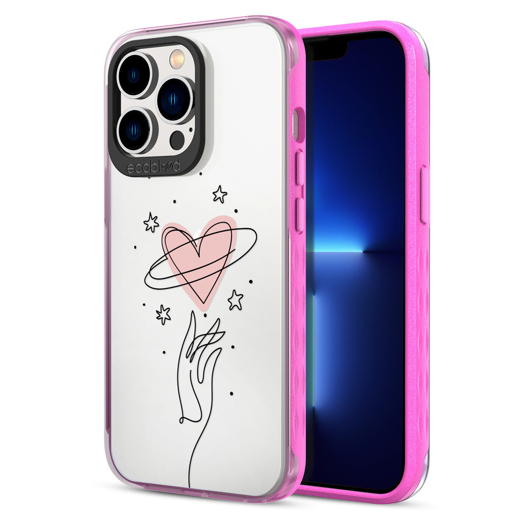 Back View Of Pink Eco-Friendly iPhone 12 & 13 Pro Max Clear Case With The Be Still My Heart Design & Front View Of Screen
