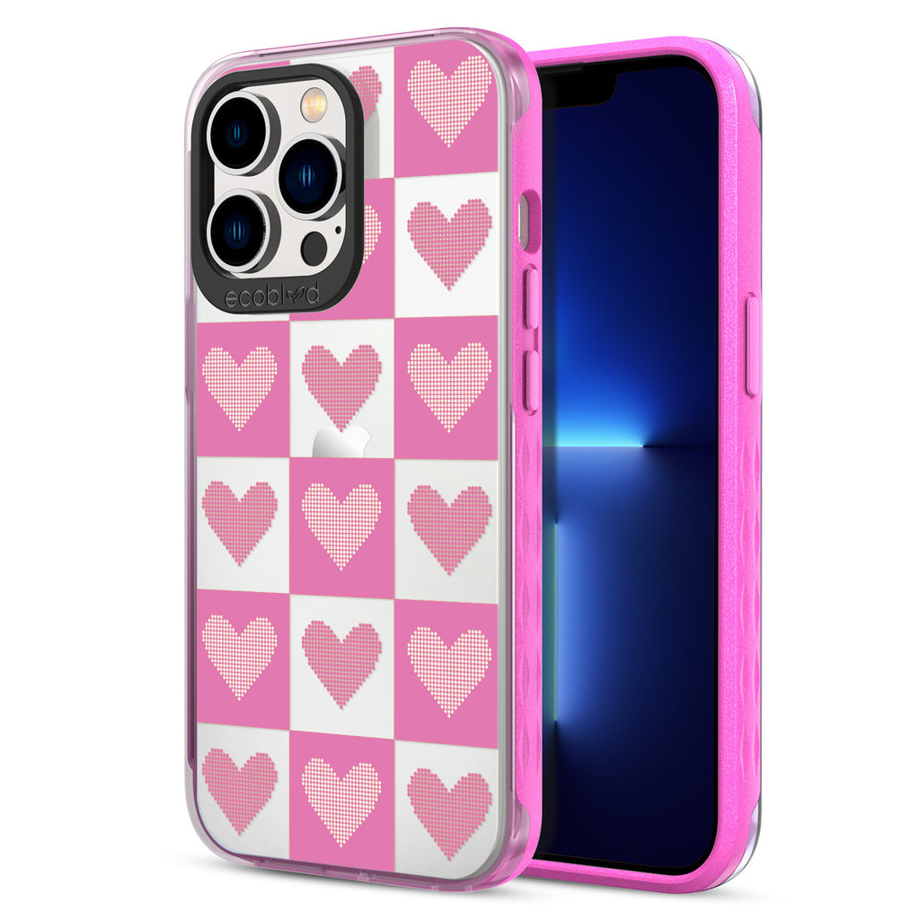 Back View Of Pink Eco-Friendly iPhone 13 Pro Clear Case With Qulity Pleasures Design & Front View Of Screen