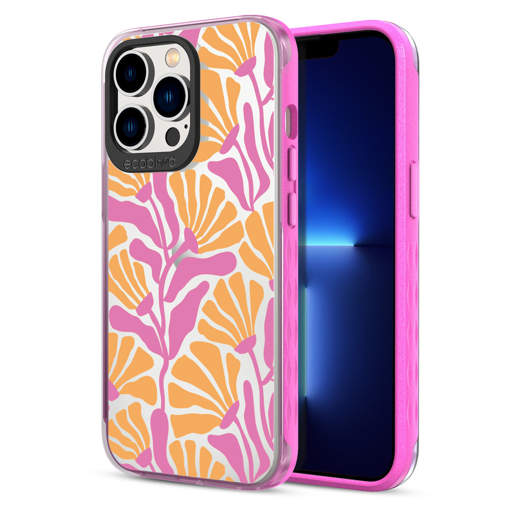 Back View Of Pink Eco-Friendly iPhone 13 Pro Clear Case With Floral Escape Design & Front View Of Screen