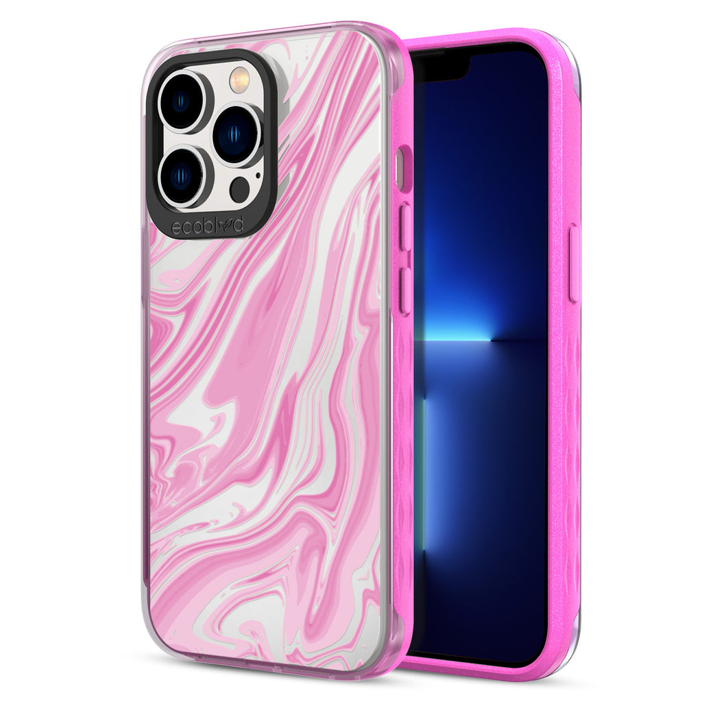 Back View Of Pink iPhone 12 & 13 Pro Max Timeless Laguna Case With The Simply Marbleous Design & Front View Of The Screen