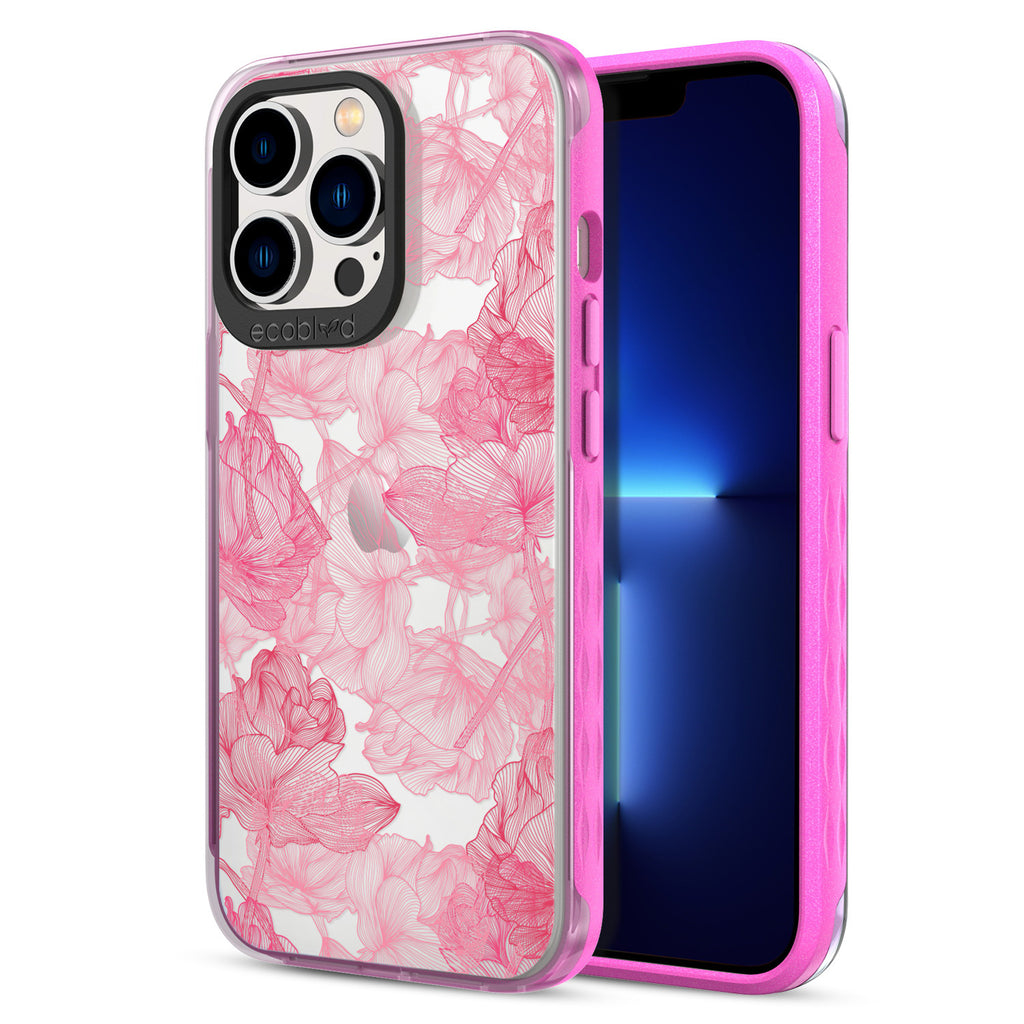 Back View Of Pink Eco-Friendly iPhone12 & 13 Pro Max Clear Case With The Blushed Pink Design & Front View Of Screen