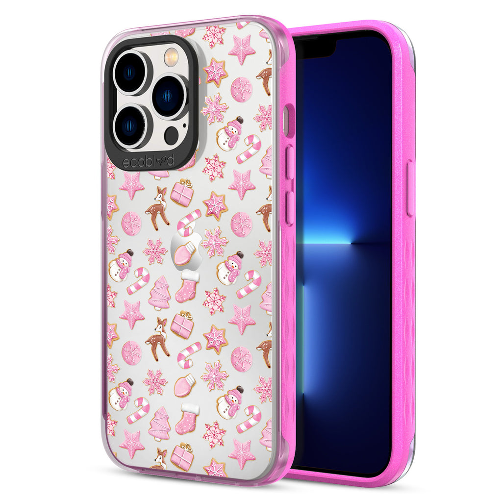 Back View Of The Compostable Pink iPhone 13 Pro Winter Laguna Case With A Sweet Treat Design & Front View Of Screen