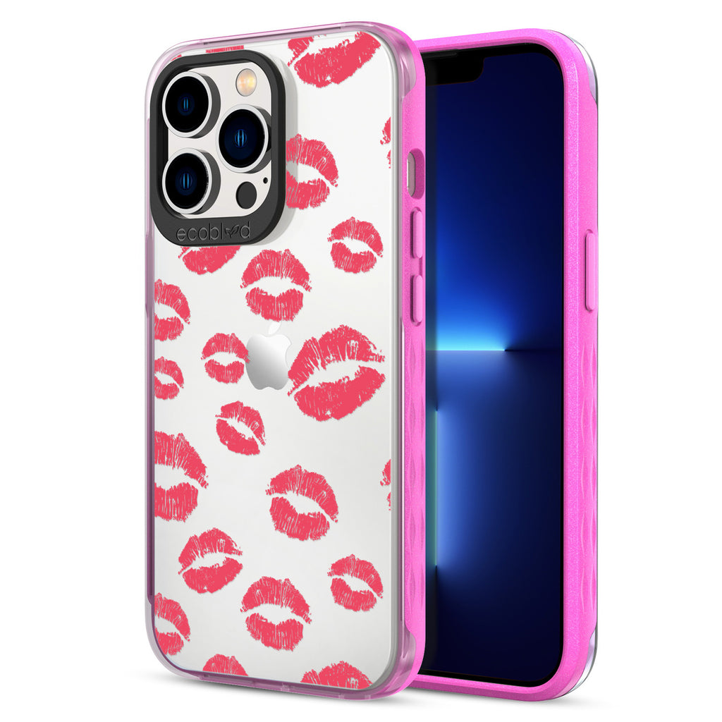 Back View Of Pink Eco-Friendly iPhone 13 Pro Clear Case With The Bisou Design & Front View Of Screen
