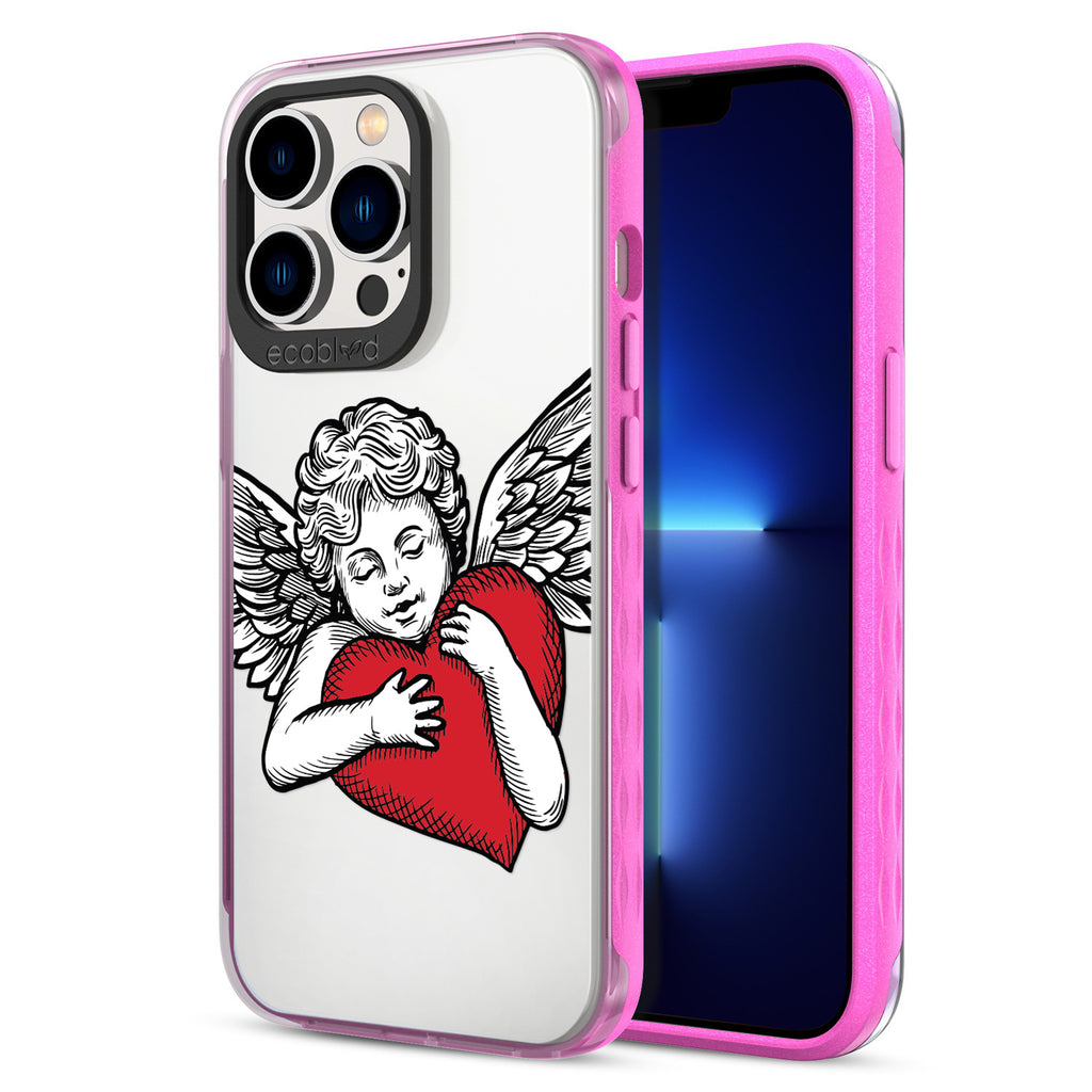 Back View Of Pink Eco-Friendly iPhone 13 Pro Clear Case With The Cupid Design & Front View Of Screen