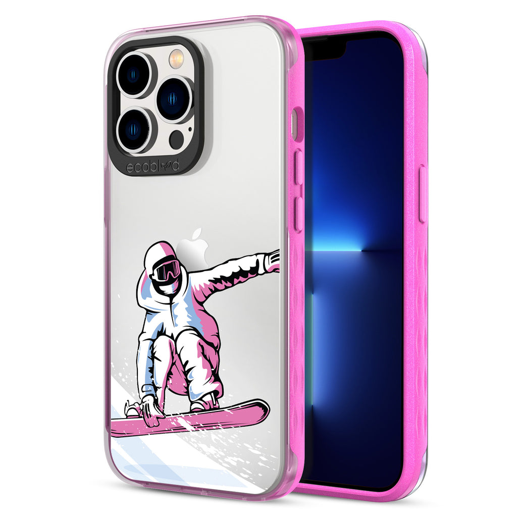 Back View Of Pink Compostable iPhone 12 & 13 Pro Max Clear Case With The Shreddin' The Gnar Design & Front View Of Screen