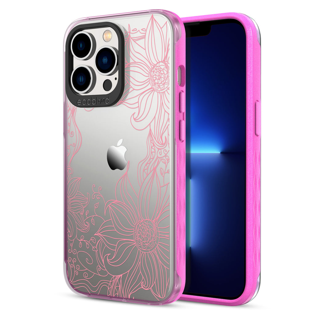 Back View Of Pink Compostable iPhone 13 Pro Laguna Case With The Flower Stencil Design & Front View Of The Screen