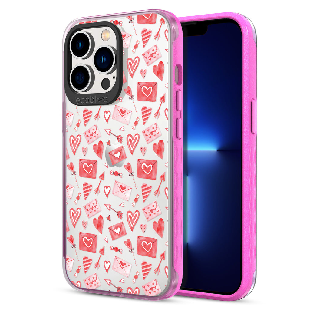 Back View Of Pink Eco-Friendly iPhone 13 Pro Clear Case With The To My Valentine Design & Front View Of Screen