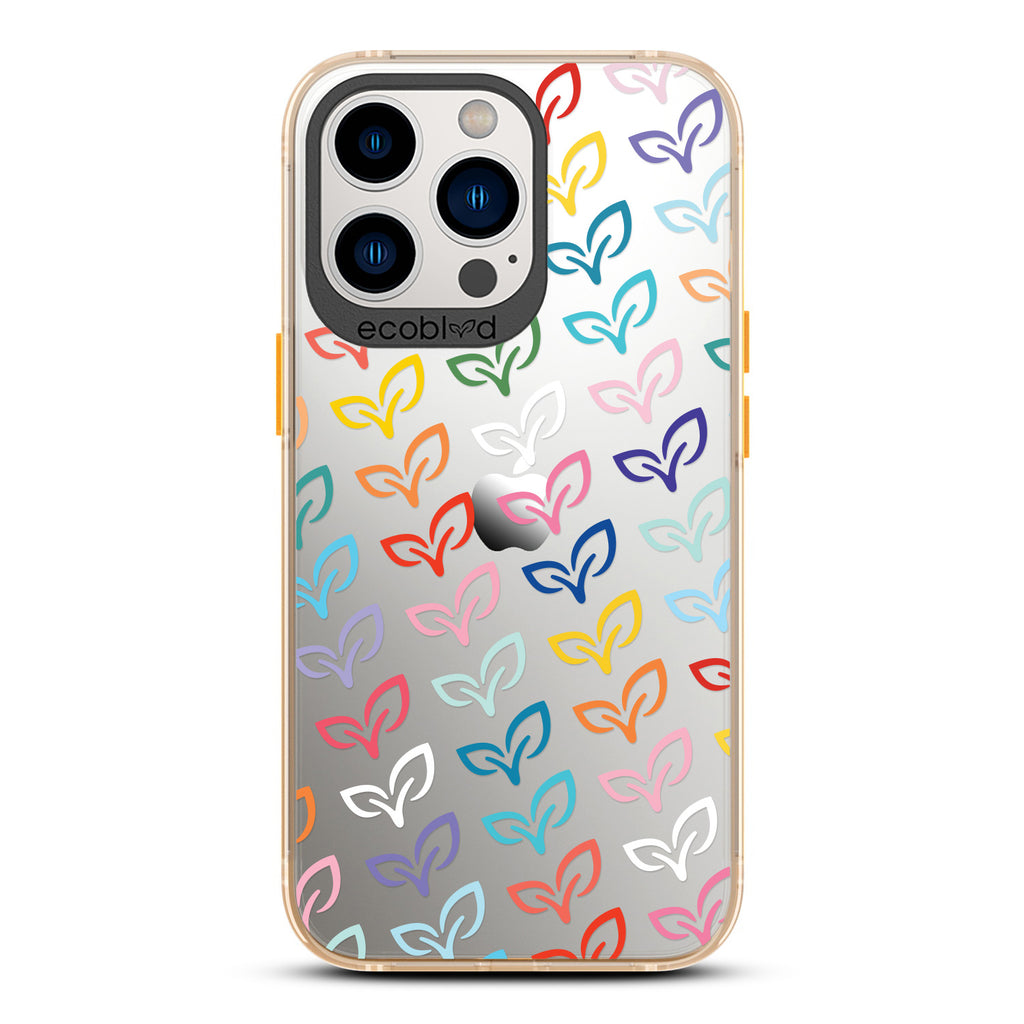 Laguna Collection - Yellow iPhone 13 Pro Case With Colorful V-Leaf Monogram Print On A Clear Back - 6FT Drop Protection