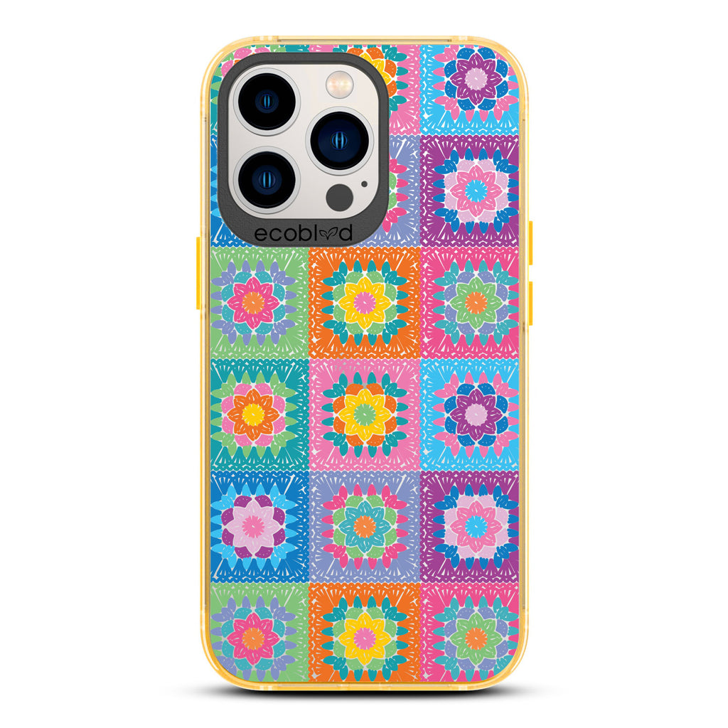 All Squared Away - Pastel Vintage Granny Squares Crochet - Eco-Friendly Clear iPhone 13 Pro Case With Yellow Rim 