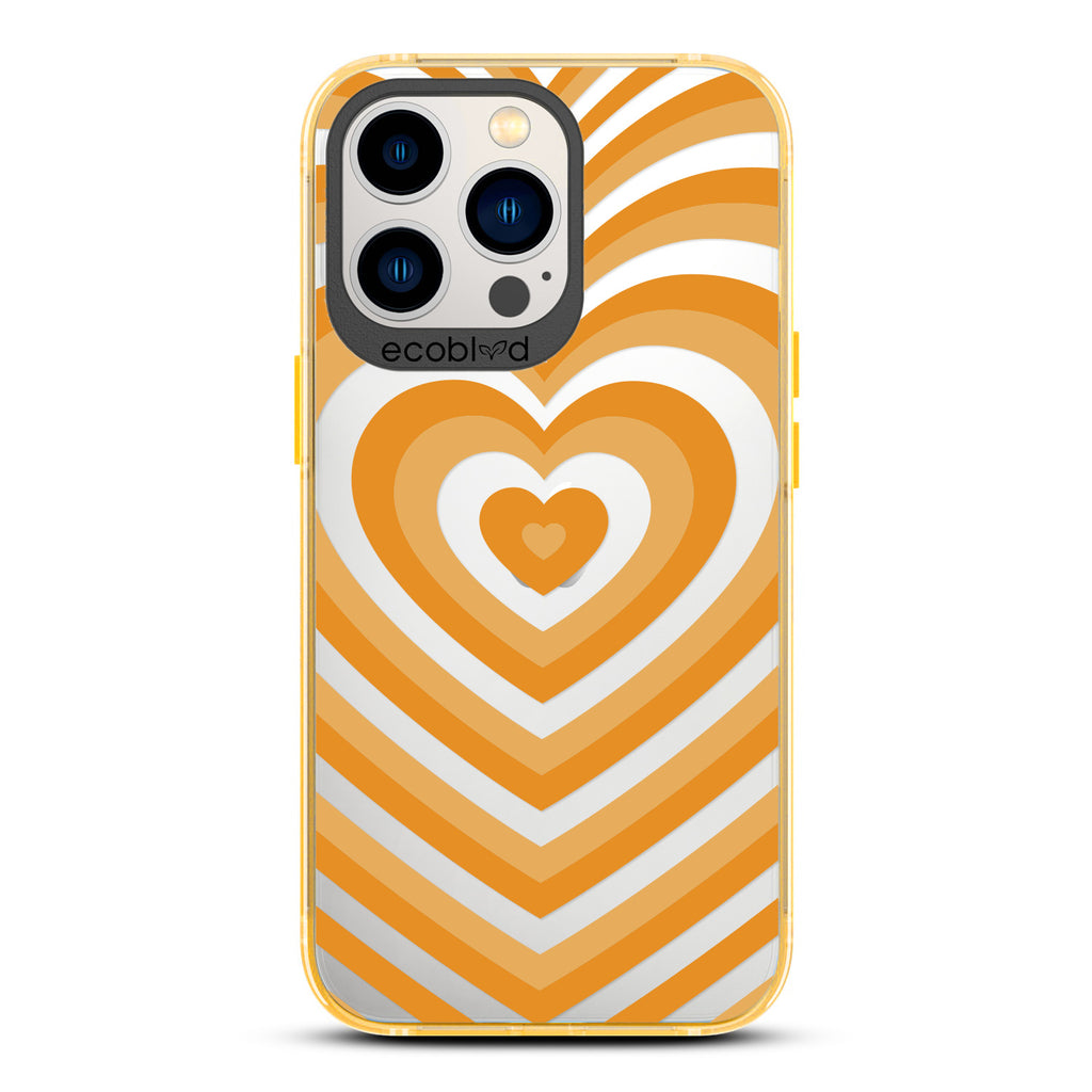 Love Collection - Yellow Compostable iPhone 13 Pro Case - A Small Yellow Heart Gradually Growing Larger On A Clear Back